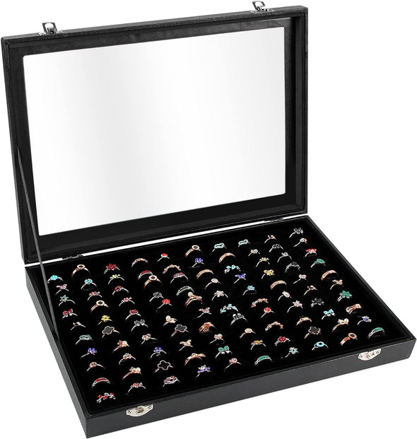Ring Display Case Organizer Box with Transparent Lid, 100 Slots Ring Storage Display Box Case Tray Holder PU Leather Black
