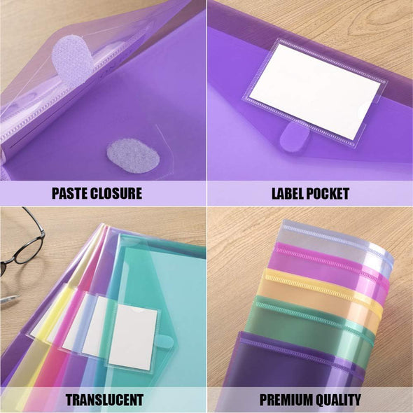 Sooez 10 Pack Plastic Envelopes Poly Envelopes, Clear Document Folders File Folders US Letter A4 Size File Folder with Label Pocket, Teacher School Office Supplies Organization Storage, Assorted Color