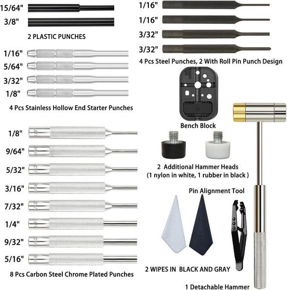 BESTNULE Punch Set, Pin Punches, Punch Tool, Roll Pin Punch Set, Made of High Quality Metal Material Including Punches and Hammer, Mechanical Repair Tool, with Organizer Storage Box (With Bench Block)