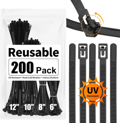 SOOOEC 200 Pack Reusable Zip Ties Assorted Sizes 6+8+10+12 Inch UV Resistant, Black Zip Ties Heavy Duty Outdoor Releasable round Ending No Hurt, Cable Ties Reusable Tie Wraps Indoor Non Slip Off