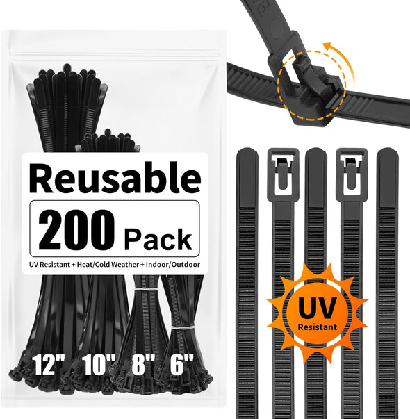 SOOOEC 200 Pack Reusable Zip Ties Assorted Sizes 6+8+10+12 Inch UV Resistant, Black Zip Ties Heavy Duty Outdoor Releasable round Ending No Hurt, Cable Ties Reusable Tie Wraps Indoor Non Slip Off