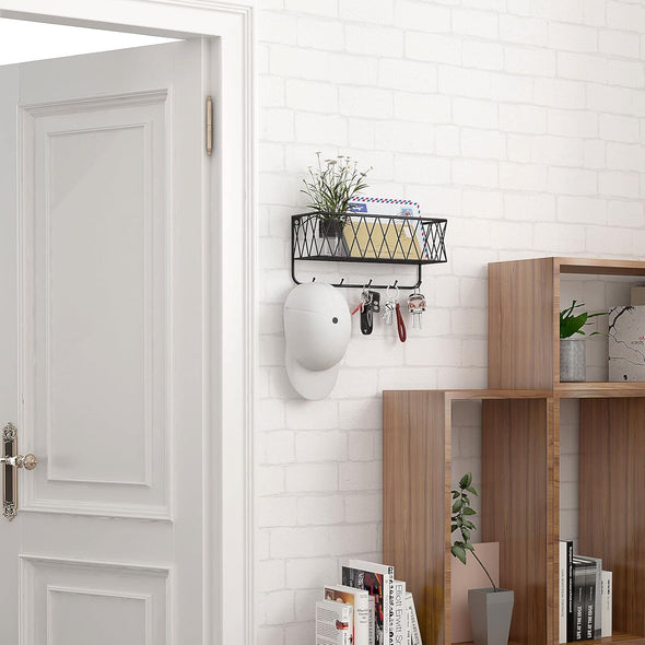 OROPY Entryway Mail Holder with Key Hooks, 11.0" L×2.6" W×5.1" H, Wall Mounted Matte Black Metal Wire Mesh Storage Basket with 5 Hooks, Easy to Organize Letters, Magazines, Keys, Leashes for Entryway