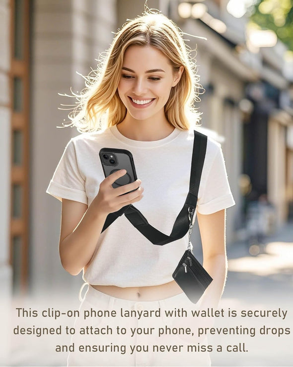 Clip and Go Strap for Phone with Wallet Crossbody,Adjustable Phone Strap with Zippered Pouch,Upgraded and Extended in Length, Crossbody Phone Strap with Wallet,Save Girls Cross Body Lanyard(Black）