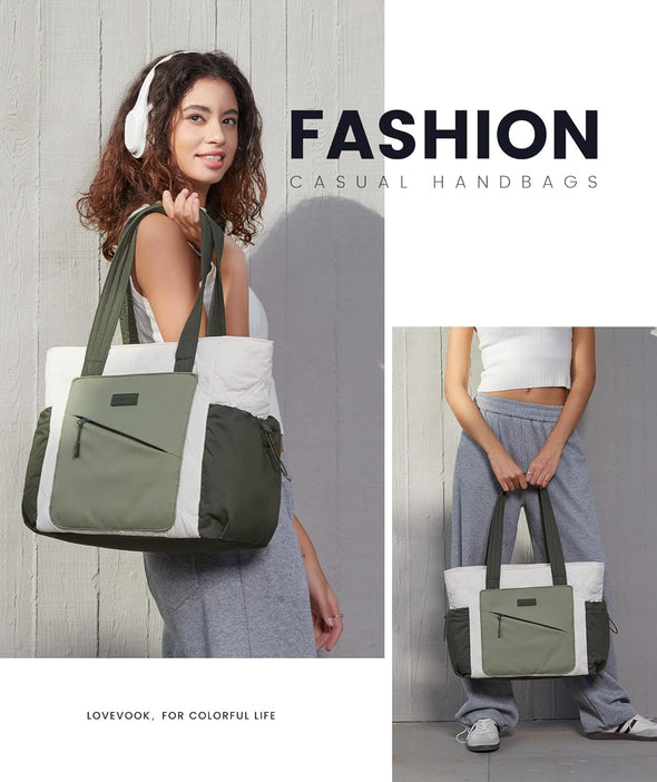 LOVEVOOK Tote Bag for Women, Puffer Bag and Work Bags with Zipper for Travel, Daily, School, Quilted Nurse Shoulder, 2Pcs