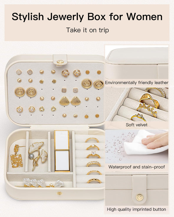 Vlando Travel Jewelry Case for Mothers Day Teacher Appreciation Gifts, PU Leather Portable Small Jewelry Box for Rings, Necklaces, Bracelets, Earring Holder Organizer for Women Girls - Beige