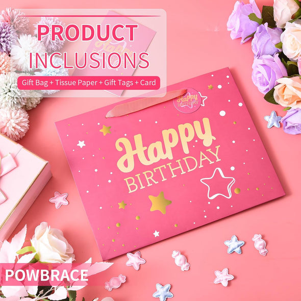 13" Pink Happy Birthday Gift Bag with Tissue Paper and Greeting Card for Party,Happy Birthday Gift Bag for Men Women,Gift Bags Medium Size(1 PCS Pink Hot Stamping)