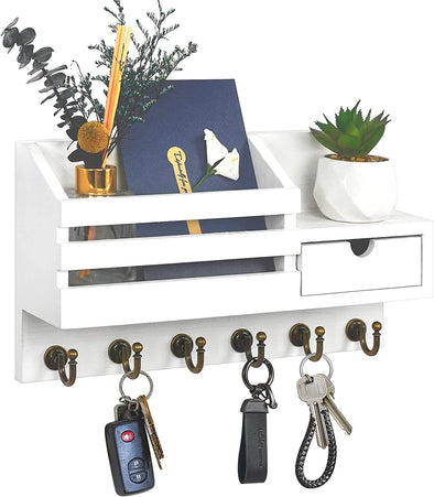 Key and Mail Holder for Wall, Mail Organizer Wall Mount with 6 Hooks and Storage Drawer, Easy Installation Key Rack for Entryway and Home Decor (A-White)