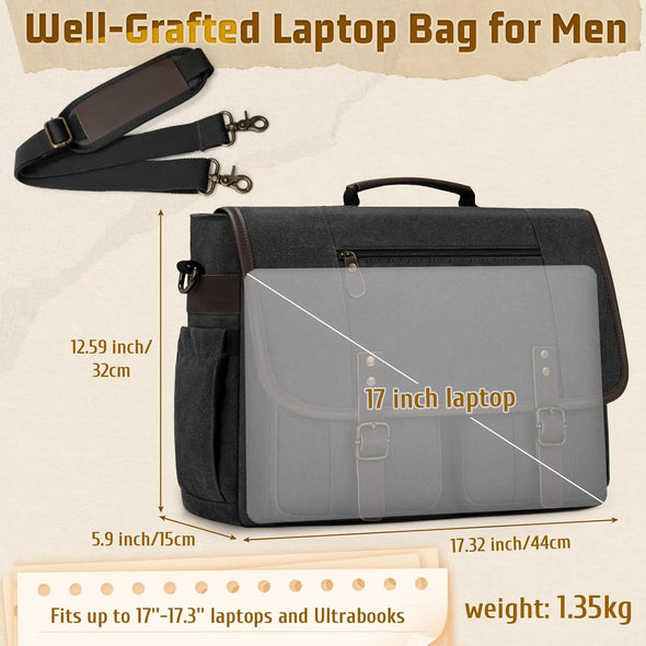 RAINSMORE Mens Messenger Bag 17-17.3 Inch Vintage Canvas Briefcase Water-Resistant Large Computer Laptop Bag Rugged Satchel Shoulder Bag for Work Travel, Bookbag for College
