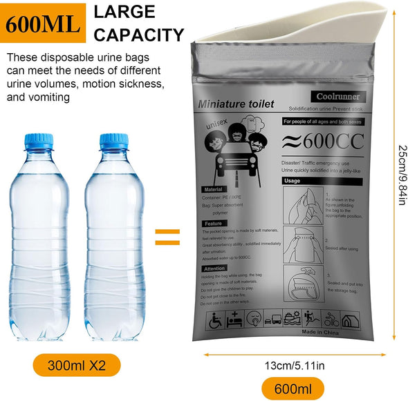 Coolrunner Disposable Urine Bags,8/12/20/24/50Pack Camping Pee Bags, Disposable Urinals Vomit Bags for Travel Urinal Toilet Traffic Jam Emergency Portable Toilet Bee Bag for Men Women Kids