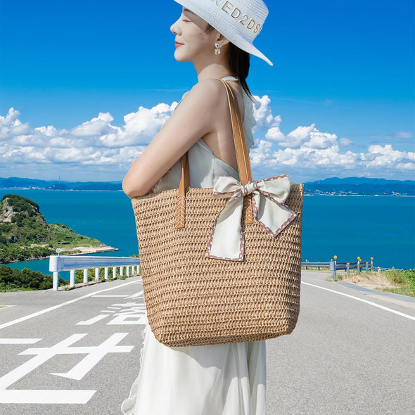 Large Straw Beach Bag: Women'S Handwoven Tote with Zipper Pocket - 2025 Lightweight Summer Purse for Travel & Work