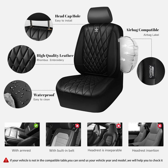 CAR PASS Piping Luxury Faux PU Leather Two Front Car Seat Covers, Waterproof anti Slip Seat Covers Compatible with Front Seat Armrests,Universal Fit for Suvs,Vans,Trucks, Airbag Compatible(All Black)