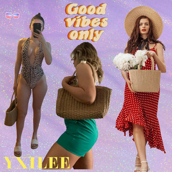 YXILEE Zipper Straw Bags for Women | Straw Purse Woven Womens Handmade Weaving Summer Handbag for Travel Beach