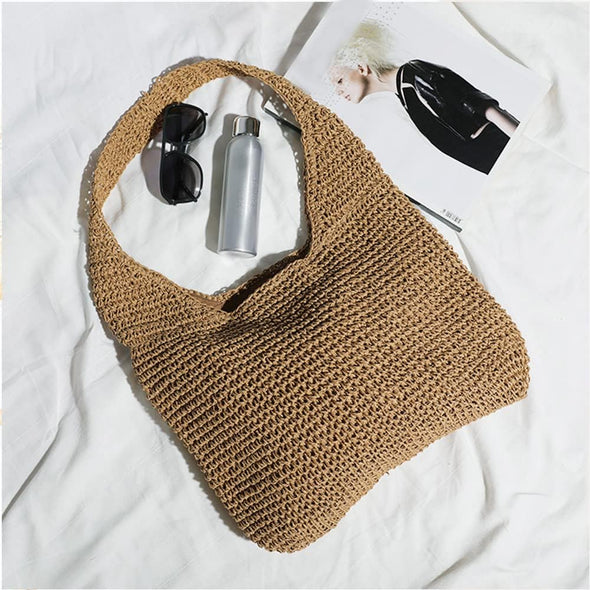 Hand-Woven Soft Large Straw Shoulder Bag Boho Straw Handle Tote Retro Summer Beach Bag Rattan Handbag