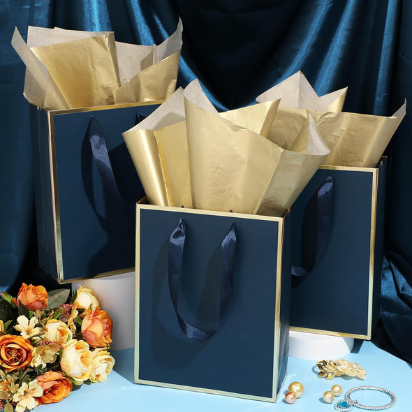 Yeaqee 24 Pack Metallic Paper Gift Bags with Handle and Tissue 9X7X3.1 Welcome Gift Thank You Bags for Wedding Father'S Day Bridal Shower Groomsmen Birthday Party(Navy Blue, Gold)