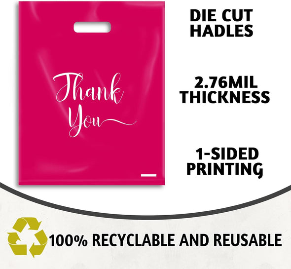 Thank You Bags for Business Small, 100 Pack Plastic Shopping Bags for Small Business, Merchandise Bags for Packaging Products, Retail Boutique Bags for Wholesale (Pink,Small(9X12))