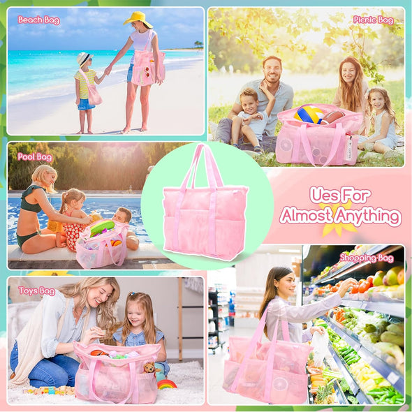 Tagitary Mesh Beach Bag with Zipper Large Beach Tote Waterproof Sandproof with 8 Pockets for Toys Pool Bag Beach Accessories