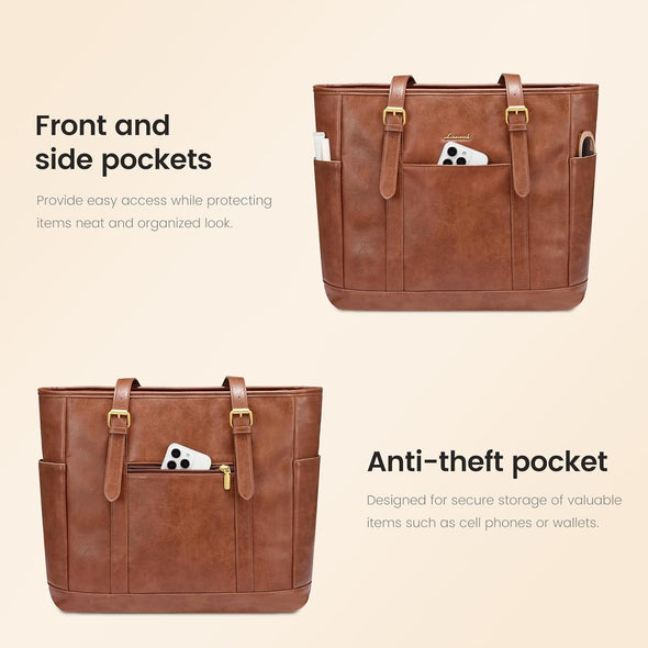 LOVEVOOK Laptop Tote Bag for Women,Vintage Leather Work Tote Bag for Women, 15.6 Inch Computer Briefcase Bag,Waterproof Teacher Business Office