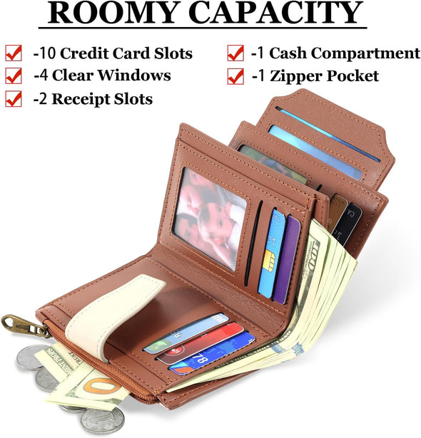 Small Wallet Women RFID Blocking Soft Leather Bifold Compact Card Holder Wallet for Women with Zipper Coin Pocket 4 ID Window
