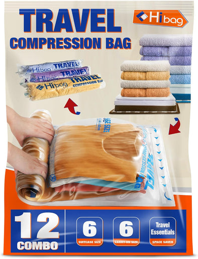 HIBAG 12 Compression Bags for Travel, Vacuum Packing Space Saver Zipper Bags for Cruise Accessories (12-Travel)