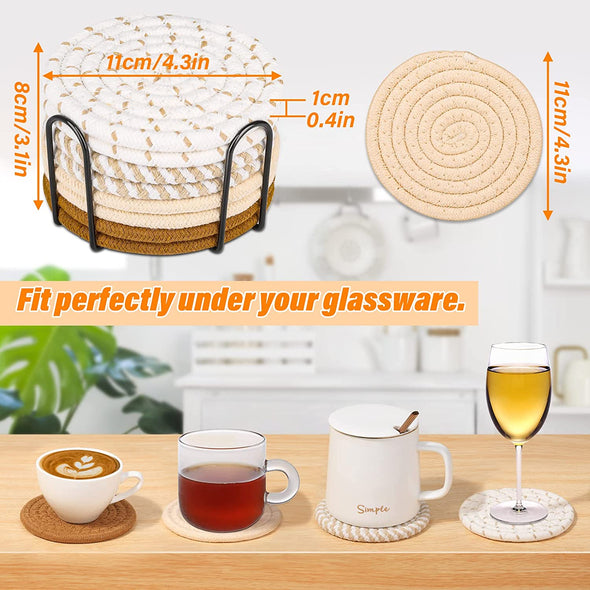 Mckanti Drink Coasters Set of 8, 4 Colors Absorbent Coasters for Drinks, Minimalist Cotton Woven Coaster for Living Room Decor, Tabletop Protection Suitable for Kinds of Cups, 4.3 Inches