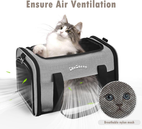 Cat Dog Carrier for Small Medium Cats Puppies up to 18 Lbs（Grey）,Soft Sided Cat Bag Airline Approved,Collapsible Pet Travel Carrier, Portable Kennel with Soft,Washable,Waterproof Pad