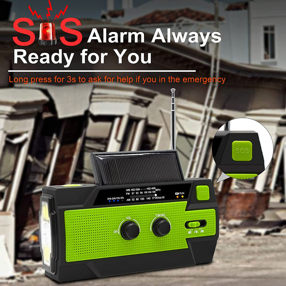 Emergency Crank Weather Radio, 4000Mah Solar Hand Crank Portable AM/FM/NOAA, with 1W 3 Mode Flashlight & Motion Sensor Reading Lamp, Cell Phone Charger, SOS for Home and Emergency Green