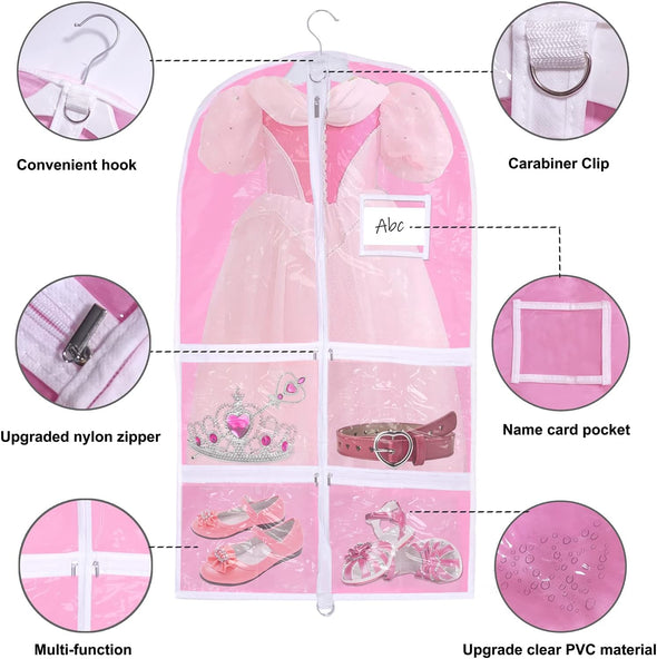 Pink Kids Dance Garment Bag for Hanging Clothes,37 Inch Waterproof PVC Travel Garment Bag with 3 Pockets for Dance Costumes,Sports,Skating,Theatre,Beauty Pageants & More