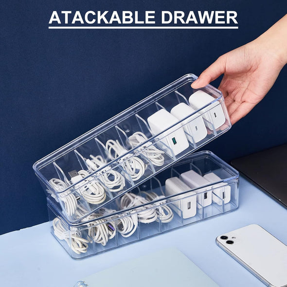 Tatuo 2 Pcs Cable Organizer with 20 Wire Ties,Clear Plastic Cord Charger Storage Box with Clear Lid for Home Office Desk Organization and Accessories