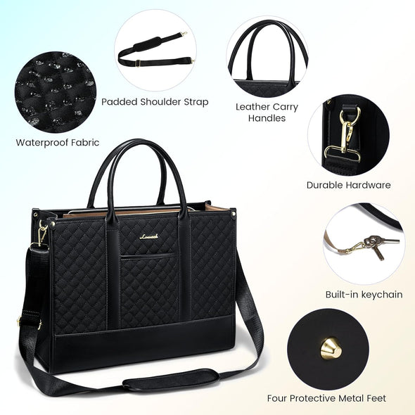 LOVEVOOK Laptop Bags for Women, 15.6 Inch Waterproof Work Tote Bag with Clutch, Professional Teacher Computer Purse Lightweight Shoulder Bag Travel, Quilted Black