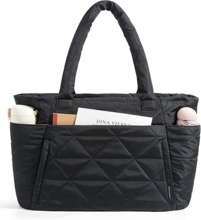 BAGSMART Tote Bag for Women, Puffy Tote Bag with Zipper, Large Quilted Shoulder Bag with Compartments for Travel, Work, Gym