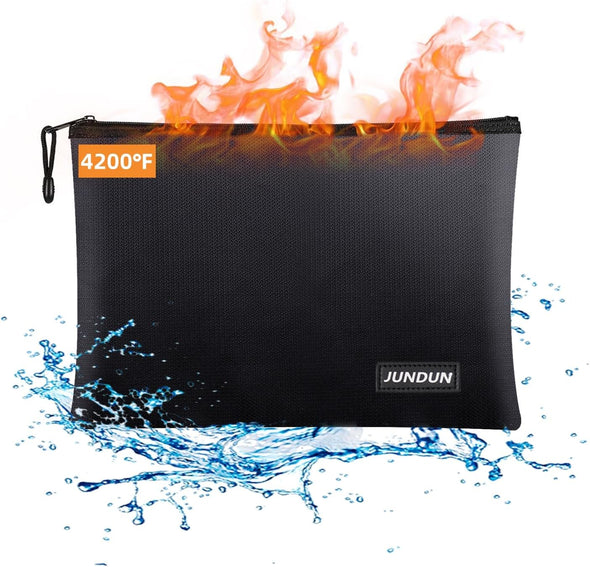 JUNDUN Fireproof Document Bags,14.2”X 10.0”Waterproof and Fireproof Money Bag with Aluminum Foil Lining,Fireproof Safe Storage Pouch with Zipper for Document and Cash，Black