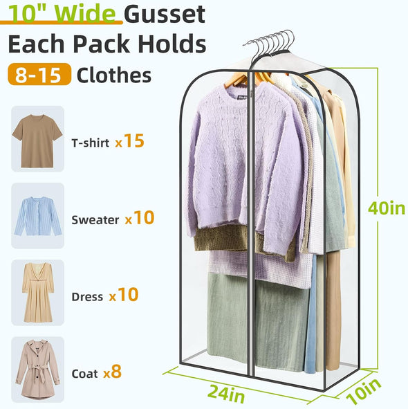LANDNEOO 6 Pack Clear Garment Bags for Hanging Clothes with Zippers on Double Sides - 10'' Gusseted Clothes Storage for Coat, Dress, and Fur in Closet - 40'' Long Suit Bags