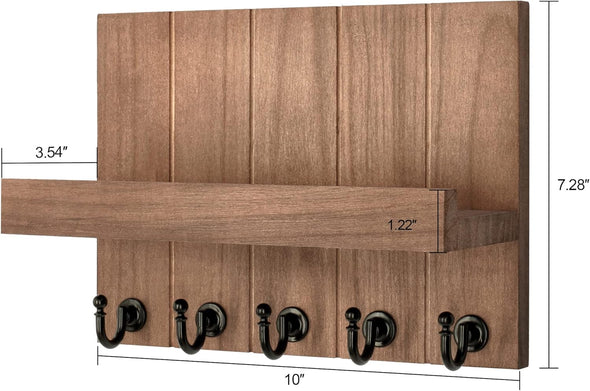 Decorative Key Holder for Wall - Rustic Key Hooks with Shelf and Mail Organizer Wall Mount for Farmhouse Wall Decor Living Room - Home Essentials for New Home (Retro Brown, 3.54" D X 10" W X 7.28" H)
