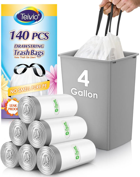 4 Gallon 140 Counts Strong Drawstring Trash Bags Garbage Bags by Teivio, Bathroom Trash Can Bin Liners, Small Plastic Bags for Home Office Kitchen, White