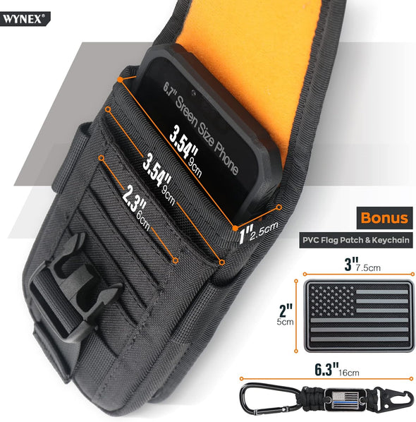 WYNEX Tactical Molle Phone Pouch with Compass Buckle, Tactical Phone Holster Molle Cell Phone Pouch Universal Belt Waist Bag for IP 15/14/13 Pro Max / S22/S21 with US Patch & Paracord Keyring Clip
