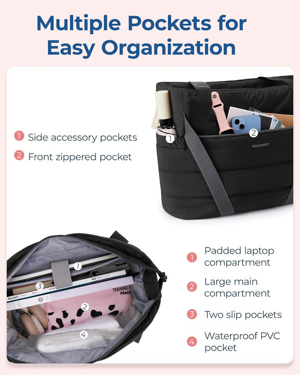 BAGSMART Tote Bag for Women with Zipper, Yoga Mat Bag Gym Tote for Travel, Work, Sport