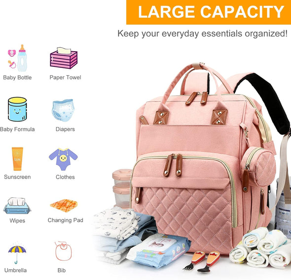 Diaper Bag with Changing Station, Waterproof 3 in 1 Baby Diaper Backpack with Foldable Changing Pad, Large Travel Back Pack for Baby Girl Boy, Peach Pink