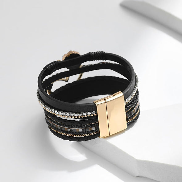 Fesciory Leopard Bracelet for Women, Boho Leather Wrap Multi-Layer Pearl Crystal Bracelet Bangle Jewelry