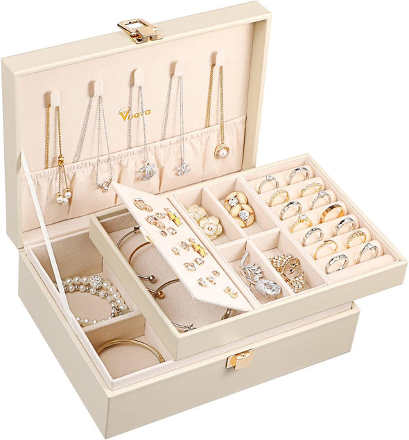 Voova Jewelry Box Organizer for Women Girls, 2 Layer Large Men Jewelry Storage Case, PU Leather Display Jewellery Holder with Removable Tray for Necklace Earrings Rings Bracelets, Vintage Gift,Apricot
