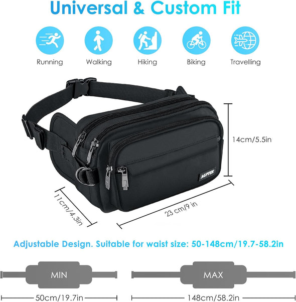 AGPTEK Fanny Pack for Women Men, RFID Large Capacity Waist Wallet Bag, Adjustable & Waterproof Bum Belt Pouch for Travel, Running, Shopping, Hiking, Dog Walking, Cycling, Climbing