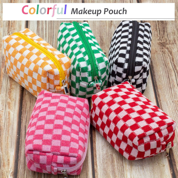 PAZIMIIK Checkered Makeup Bag for Purse Portable Zipper Make up Pouch Small Cosmetic Case for Travel Accessories (Hotpink)