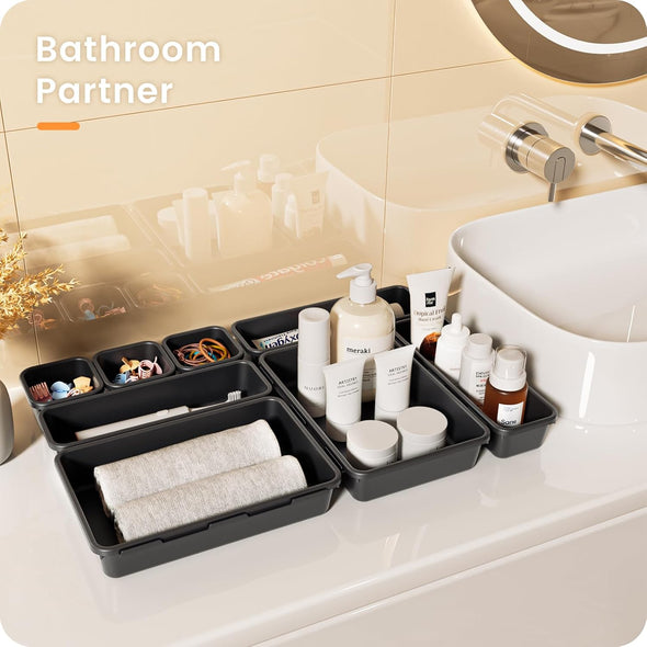 A-Lugei 【𝟮𝟮𝗣𝗖𝗦】 Plastic Black Desk Drawer Organizer, Bathroom Organizers and Storage, Makeup Organizer, Organization and Storage Bin Container for Vanity Office Utensils Tool Pantry Cosmetic