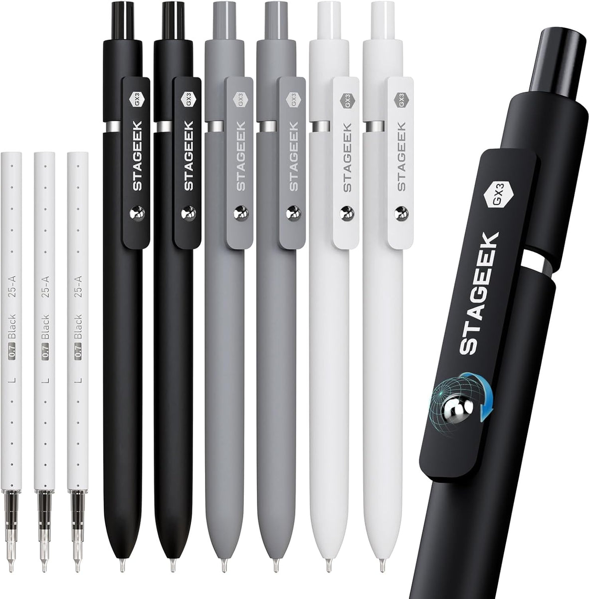 STAGEEK Black Gel Pens GX3, 6Pcs Fine Point Smooth Writing Pens with 3 ...