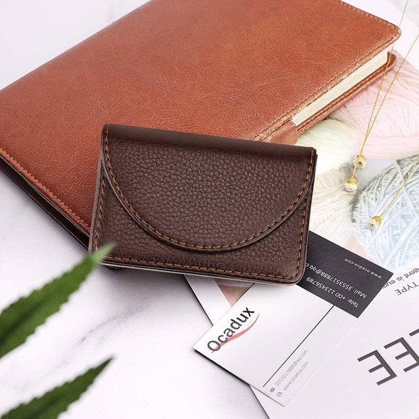 Cofee Leather Business Card Holder Case for Men or Women Pocket Business Card Wallet Name Card Case Holder with Magnetic Shut, Holds 25 Business Cards, Coffee