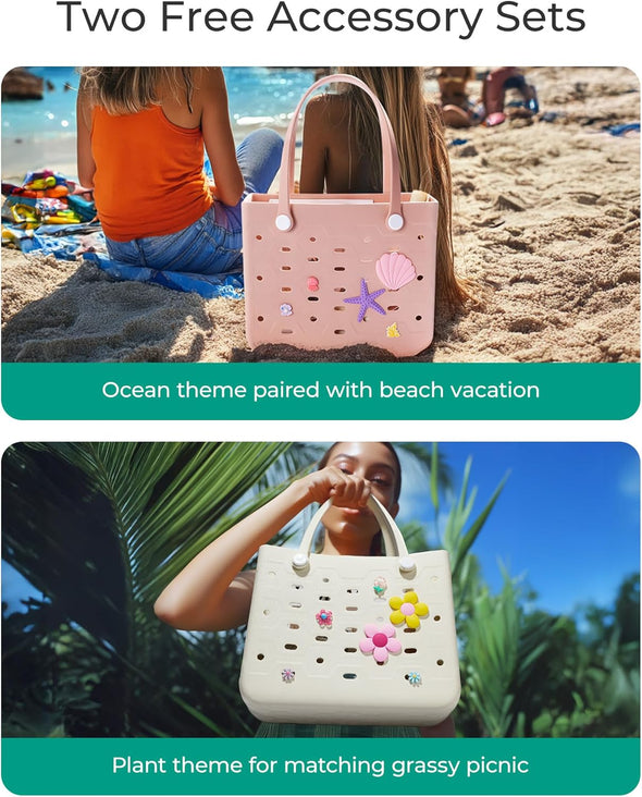 BAGSMART Beach Bag for Women, Water-Resistant Rubber Tote Bag, Sandproof Vacation Essentials for Summer Swim Cruise Pool