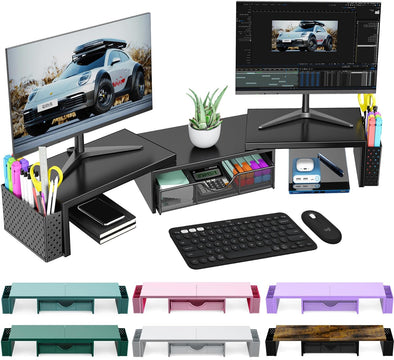 Spacrea Metal Desk Organizers and Accessories, Dual Monitor Stand Riser with Drawer and 2 Pen Holders, Desk Accessories & Workspace Desktop Organizers for Office Supplies (Black)