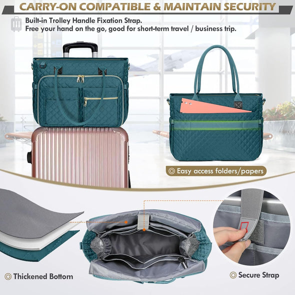 RAINSMORE Teacher Tote Bag 15.6 Inch Laptop Bag for Women Work Bags Laptop Tote Nurse Bag Professional Computer Messenger with Insulated Pocket, Laptop Briefcase for Office, College, Nursing, Teal