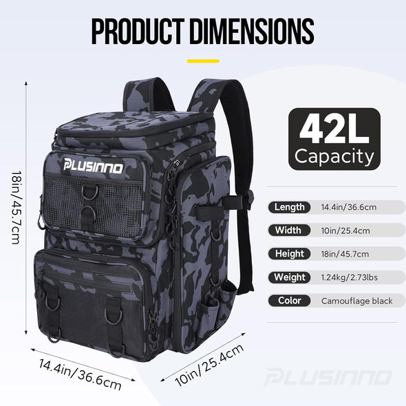 PLUSINNO Fishing Backpack with Rod Holders Tackle Box, 42L Large Water-Resistant Fishing Tackle Bag Store Fishing Gear