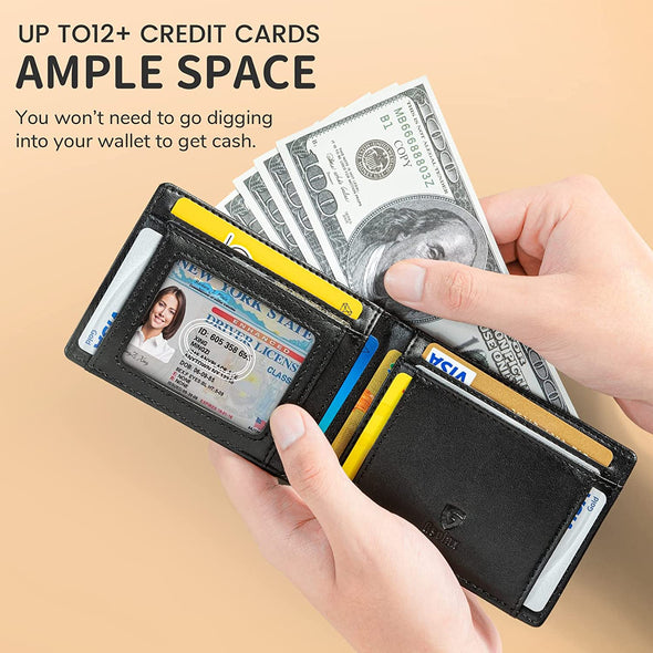 GSOIAX Mens Slim Wallet RFID Blocking Bifold Wallets for Men Minimalist Genuine Leather Carbon Fiber Card Holder Money Clip Thin Mens with Gift Box (Black-1)