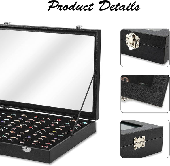 Ring Display Case Organizer Box with Transparent Lid, 100 Slots Ring Storage Display Box Case Tray Holder PU Leather Black